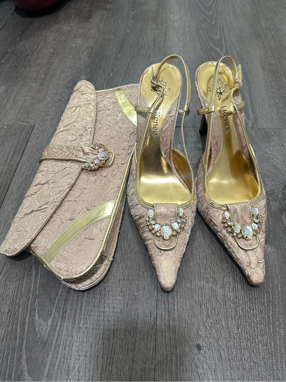 Vintage J. Reneé Gold Metallic Heels & Matching Clutch Bag Set - Size 11M